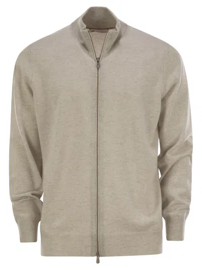 Brunello Cucinelli Men High-necked Cashmere Cardigan With Zip In Beige