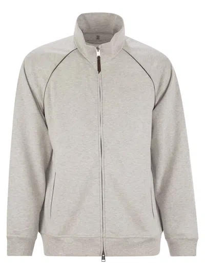 BRUNELLO CUCINELLI BRUNELLO CUCINELLI MEN HIGH-NECKED TOPWEAR IN TECHNO COTTON FLEECE WITH ZIP AND PIPING