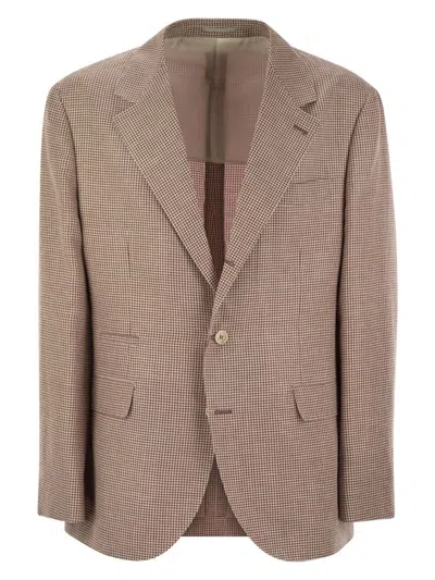 BRUNELLO CUCINELLI MEN'S HOUNDSTOOTH WOOL, LINEN AND SILK DECONSTRUCTED JACKET