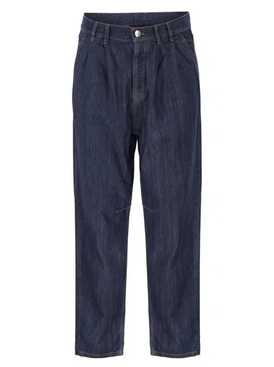 Brunello Cucinelli Men Iconic Fit Five-pocket Trousers In Lightweight Denim With Double Pleats In Blue