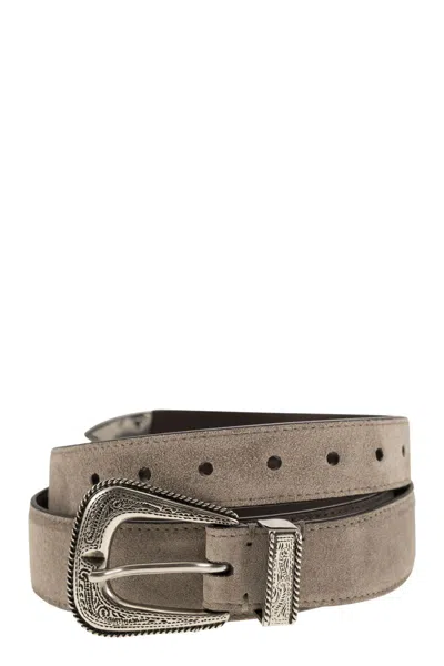 BRUNELLO CUCINELLI MEN'S INVERTED LEATHER BELT WITH MACHINED BUCKLE AND TOECAP