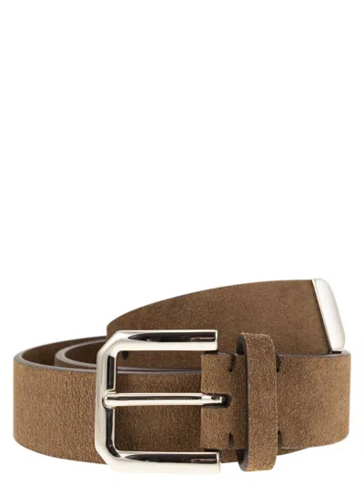 Brunello Cucinelli Men Inverted Leather Belt With Square Buckle And Toecap In Brown