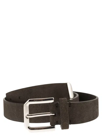 Brunello Cucinelli Men Inverted Leather Belt With Square Buckle And Toecap In Brown