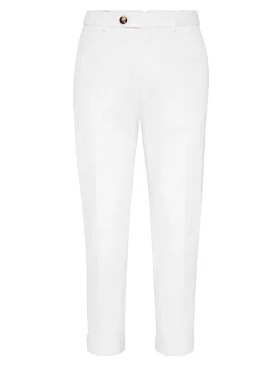 Brunello Cucinelli Men's Italian Fit Trousers In Twisted Cotton Gabardine In White
