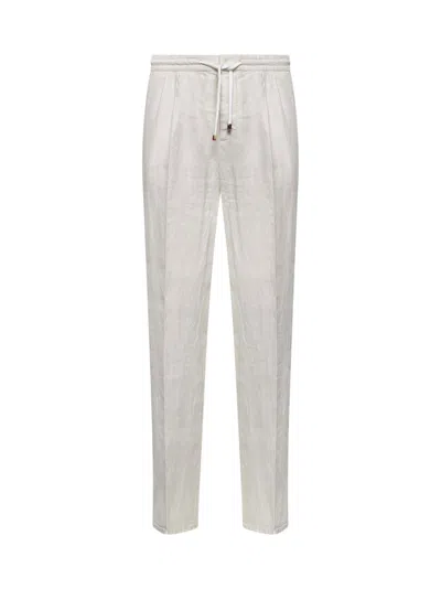 Brunello Cucinelli Men Ivory Linen Leisure Fit Trousers In Gray