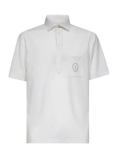 Brunello Cucinelli Men Ivory Virgin Wool Canvas Logo Polo Shirt In White