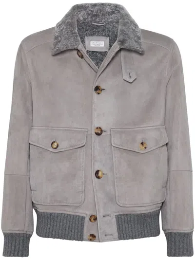 Brunello Cucinelli Shearling-collar Suede Jacket In Grey
