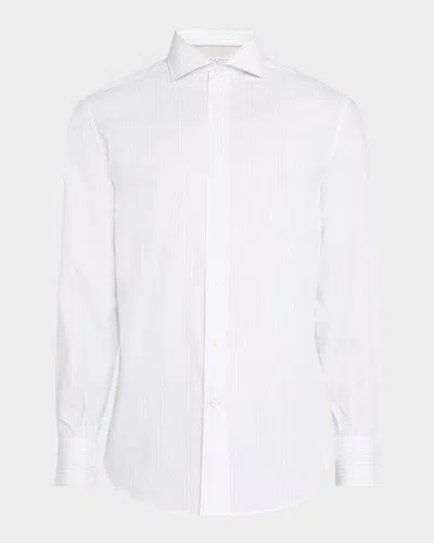 Brunello Cucinelli Men's Jacquard Pinstripe Sport Shirt In White Anthracite