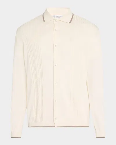 Brunello Cucinelli Men's Jacquard Snap-front Polo Sweater In White