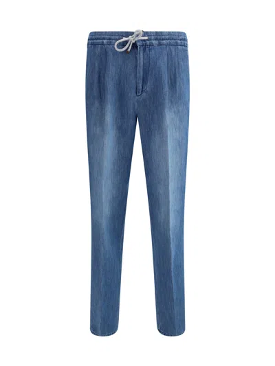 Brunello Cucinelli Men Jeans With Drawstring Waistband In Blue