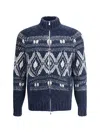 Brunello Cucinelli Geometric Jacquard Cardigan In Wool And Cashmere In Blue