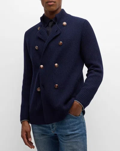 Brunello Cucinelli Men's Knit Double-breasted Cardigan In Navy