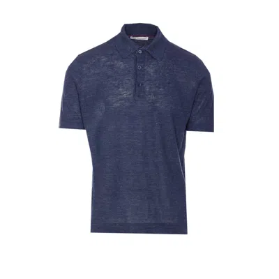Brunello Cucinelli Men Knitted Polo In Blue