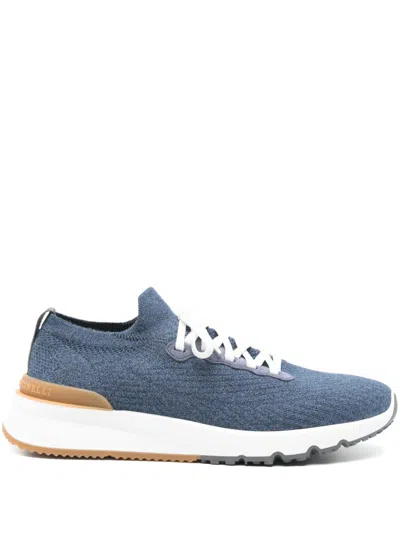 Brunello Cucinelli Men Knitted Sneakers In Blue