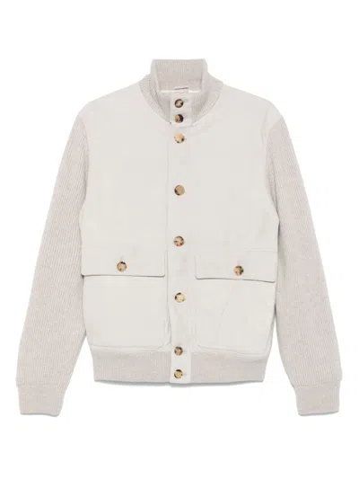 Brunello Cucinelli Men Leather And Wool Bomber Jacket In Gray