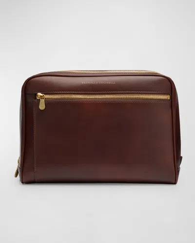 Brunello Cucinelli Logo-stamp Leather Wash Bag In Brown