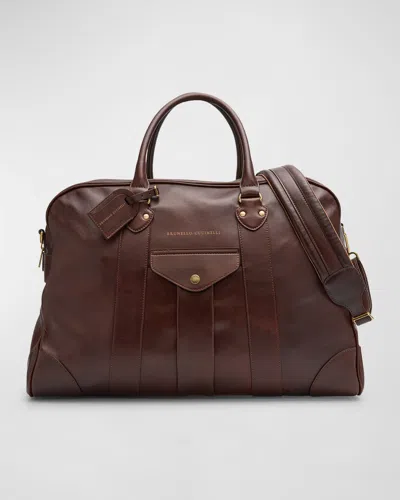 Brunello Cucinelli Men's Leather Travel Bag In Burgundy