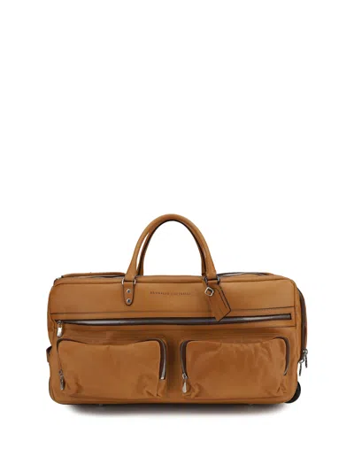 Brunello Cucinelli Men Leather Trolley Travel Bag In Brown