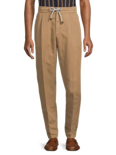 Brunello Cucinelli Men's Leisure Fit Linen Blend Drawstring Trousers In Dark Brown