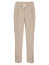 Brunello Cucinelli Men Leisure Fit Trousers In Linen And Cotton Gabardine With Drawstring And Double In Cream