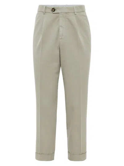 Brunello Cucinelli Pressed-crease Cotton Trousers In Sage