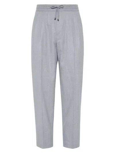 Brunello Cucinelli Men's Leisure Fit Trousers With Drawstring And Double Pleats In Pearl Grey