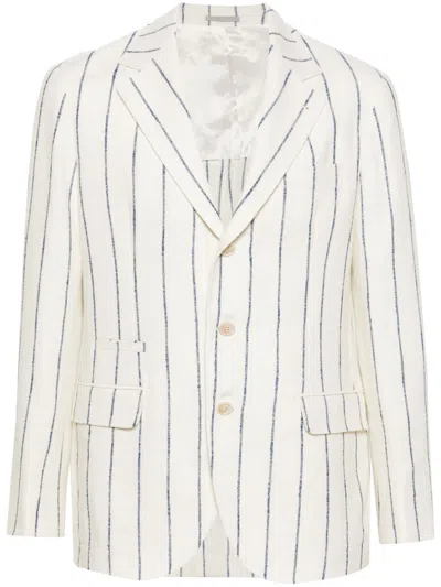 BRUNELLO CUCINELLI MEN'S LIGHT BEIGE AND BLUE PINSTRIPE WOOL AND LINEN JACKET FOR SS24