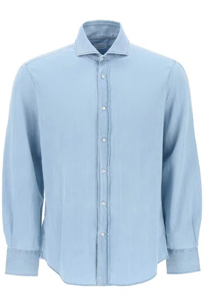 Brunello Cucinelli Men's Light Blue Chambray Shirt