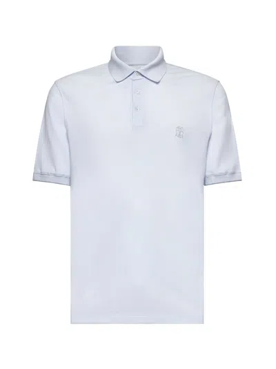 Brunello Cucinelli Men Light Blue Cotton Pique Logo Polo Shirt In White