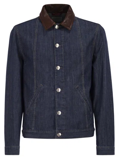 Brunello Cucinelli Men Lightweight Denim Jacket With Leather Collar In Animal Print