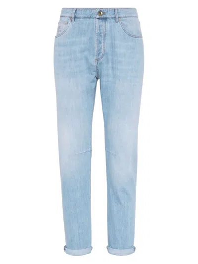 Brunello Cucinelli Logo Embroidery Denim Jeans Light Blue In Light Denim