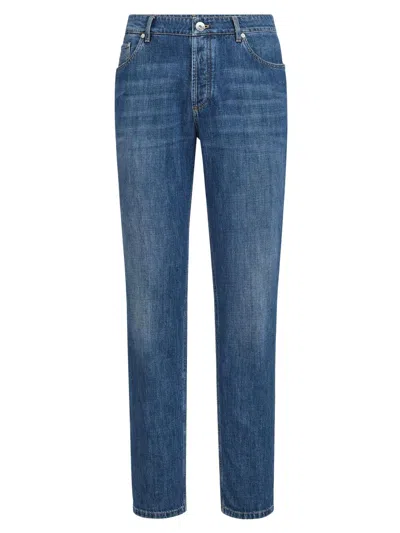 Brunello Cucinelli Slim-fit Straight-leg Logo-embroidered Jeans In Blue