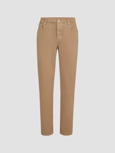 Brunello Cucinelli Garment-dyed Comfort Lightweight Denim Traditional Fit Five-pocket Trousers In Brown