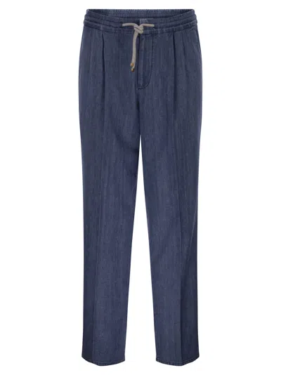 Brunello Cucinelli Men Lightweight Denim Trousers With Drawstring And Double Pleats In Multi