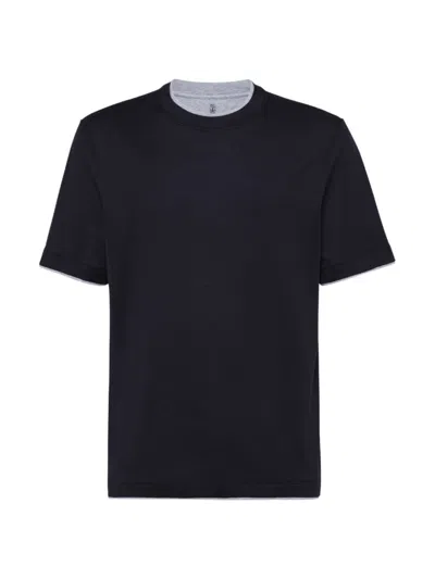 Brunello Cucinelli Men's Lightweight Jersey Crewneck T-shirt With Faux Layering In Black
