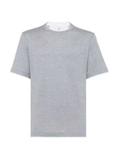 Brunello Cucinelli Men's Lightweight Jersey Crewneck T-shirt With Faux Layering In Medium Grey