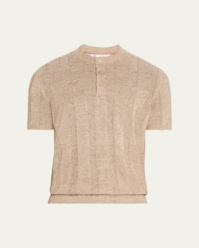 Brunello Cucinelli Men's Linen And Cotton Henley Short-sleeve Sweater In Bark