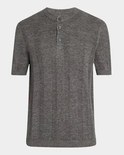 Brunello Cucinelli Men's Linen And Cotton Henley Short-sleeve Sweater In Dark Grey