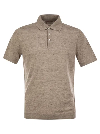 Brunello Cucinelli Men Linen And Cotton Knit Polo Shirt In Light Brown