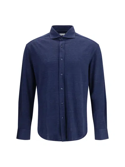 Brunello Cucinelli Men Linen And Cotton Knit Shirt In Blue