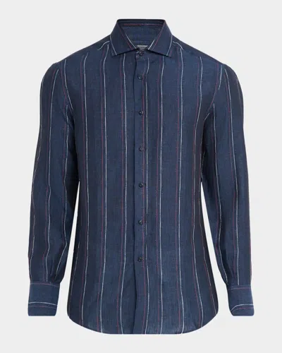 Brunello Cucinelli Men's Linen And Cotton Stripe Sport Shirt In Blue
