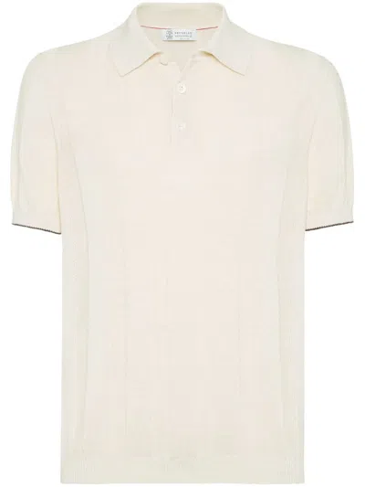 Brunello Cucinelli Men Linen And Cotton Wide Rib Knit Polo In Beige