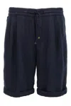 Brunello Cucinelli Garment Dyed Linen Gabardine Bermuda Shorts With Drawstring And Darts In Blue