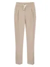Brunello Cucinelli Men Leisure Fit Trousers In Linen And Cotton Gabardine With Drawstring And Double In Beige