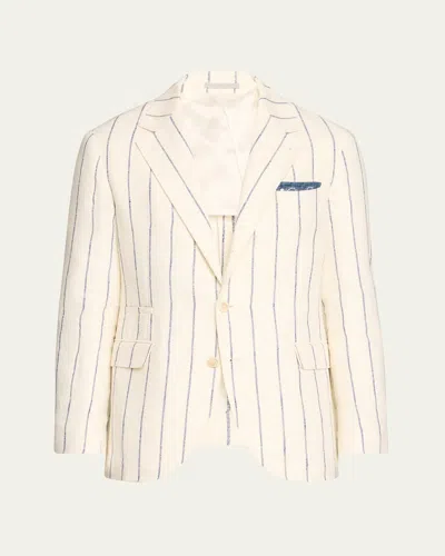 Brunello Cucinelli Men's Linen-blend Large Stripe Suit In White Blue