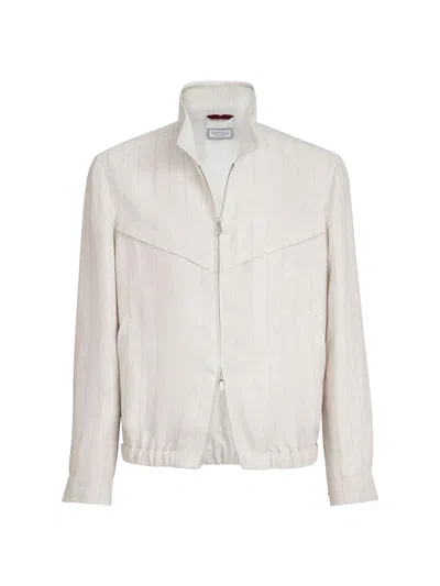 Brunello Cucinelli Linen Chalk Stripe Chevron Outerwear Jacket In Neutral