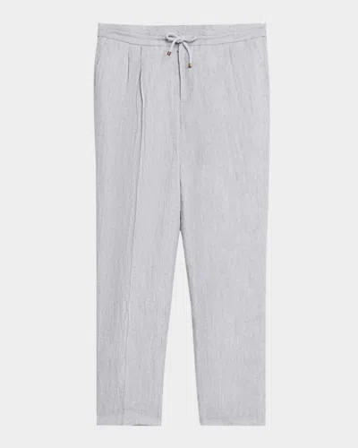 Brunello Cucinelli Men's Linen Chevron Drawstring Pants In Grey