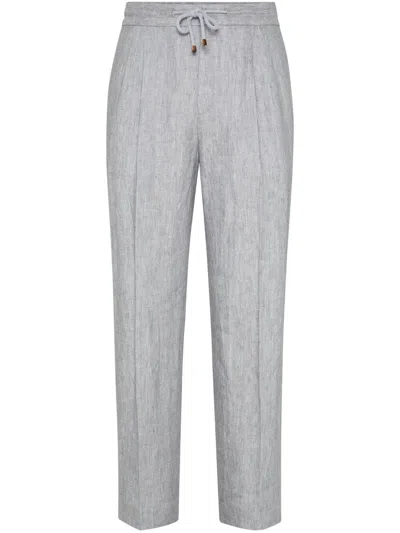 Brunello Cucinelli Men Linen Chevron Leisure Fit Pants With Drawstring And Double Pleats In Multicolor