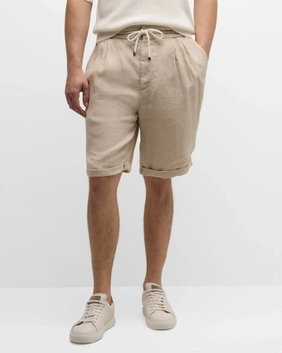 Brunello Cucinelli Men's Linen Double-pleated Drawstring Shorts In Beige