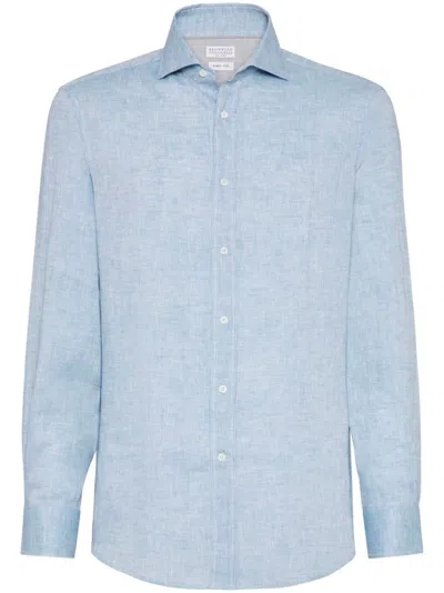 Brunello Cucinelli Men Linen Shirt In Clear Blue